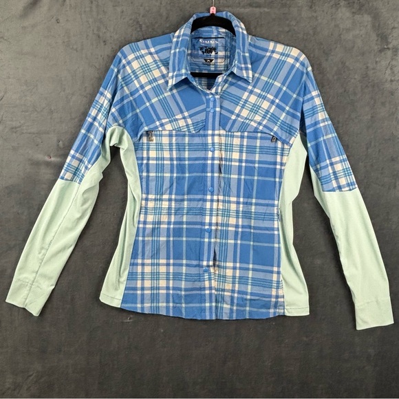 Simms G4 Pro Reina Long Sleeve Fishing Blue/White plaid Shirt in Small - Picture 1 of 14